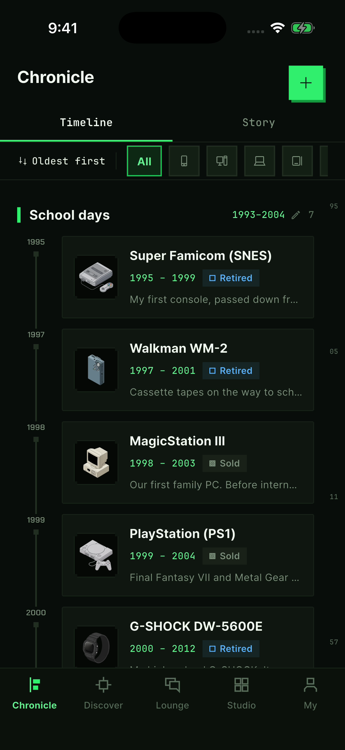 The Gizmory app timeline, with sample records of consoles, phones and laptops through the years.