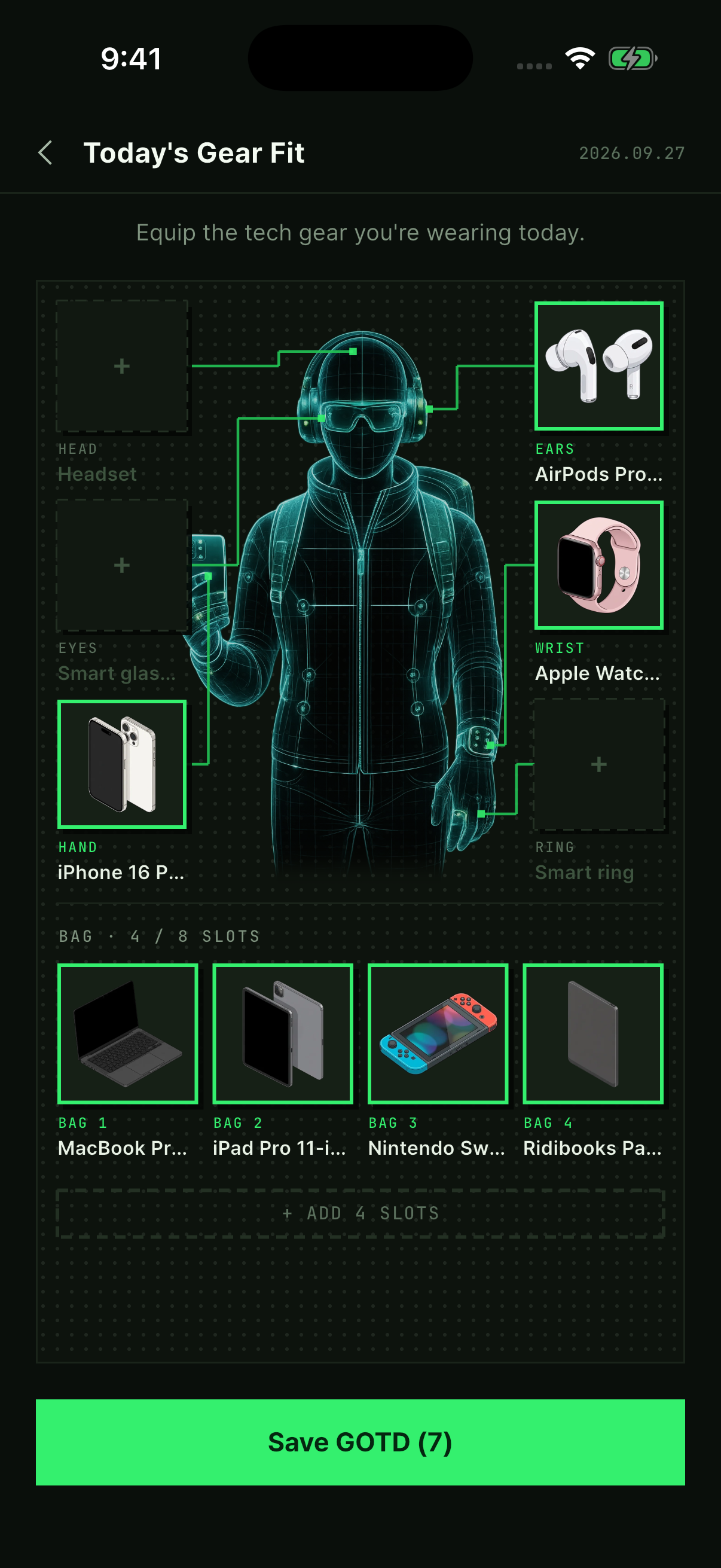 Real Gizmory app: GearFit with AirPods, Apple Watch, iPhone, MacBook, iPad, Switch and an e-reader equipped