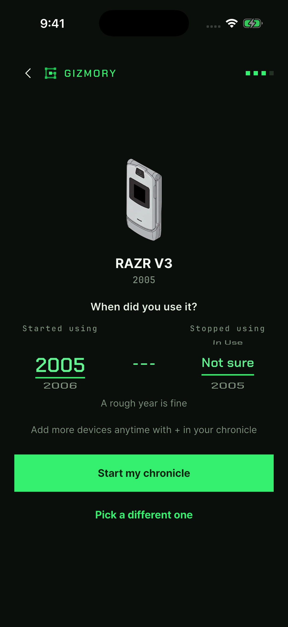 Gizmory onboarding: choosing when you started and stopped using the RAZR V3